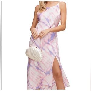 Astr Tie-Dye Satin Slip Maxi Dress in Pink and Blue